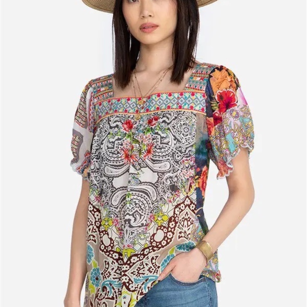 Pre owned Johnny Was Medium Embroidered Pansy Patchwork Embroidered Top Shirt